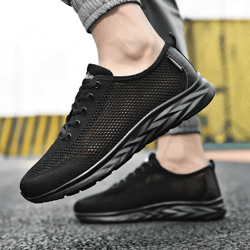 Casual Light Lace-Up Non-slip Mesh Moccasins in black, featuring breathable air mesh upper and durable non-slip outsole for all-day comfort.